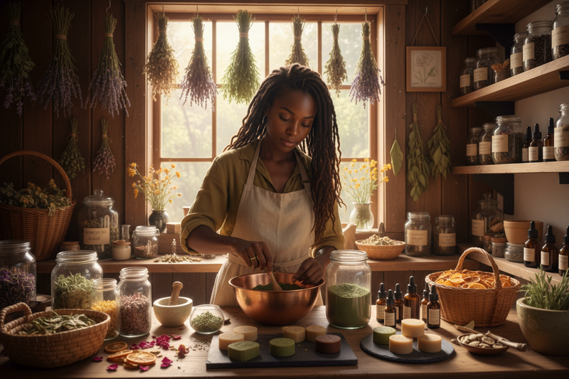 generate an image of an black female (with locs) herbalist making products from herbs, like tea blends, soaps, deodorant etc.
