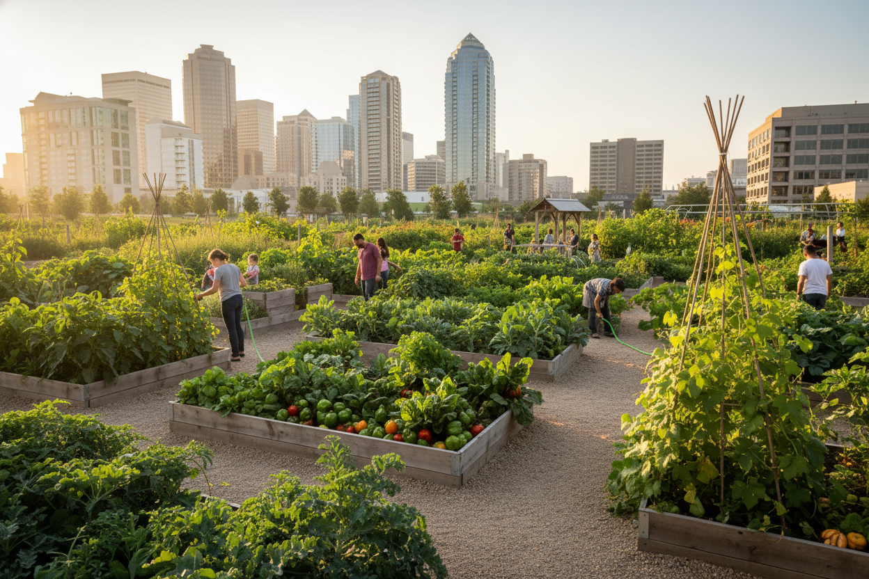 generate an image of an urban farm that fits the title being overlayed