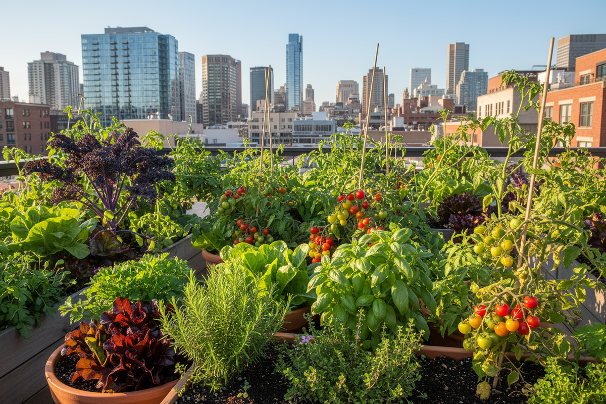 generate an image of an urban farm with herbs and veggies