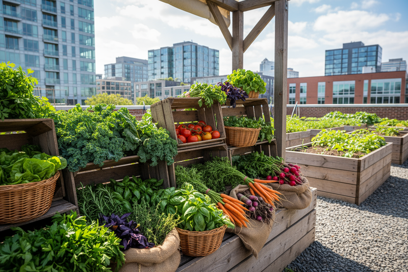 generate an image of fresh produce, fresh herbs, sold in an urban farm setting with.